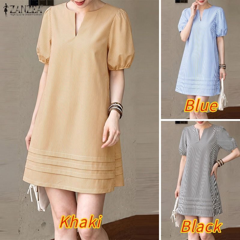 ZANZEA ใส่ ซานเซีย แฟชั่นสตรีวันหยุดสไตล์เกาหลี-ลําลองพัฟแขนลายคอวีทอติดตั้ง ชม.-เส้น ชุด ... — صورة 3