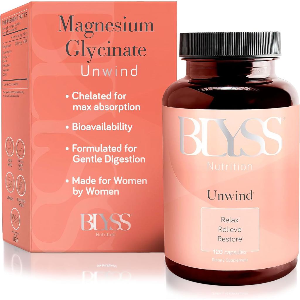 แมกนีเซียม ไบสไกลซิเนต 200 มก. แคปซูลสําหรับผู้หญิง & อารมณ์ 120 นับ | BLYSS Nutrition chelated glly