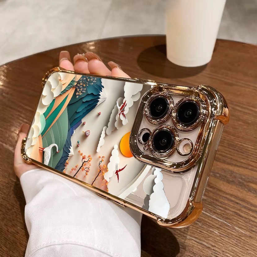 ใหม่จีนหมึกกระดาษแกะสลัก Art เคสโทรศัพท์สําหรับ OPPO Reno 15 14 13 12 11 10 Pro 15F 14F 13F 12F 11F 5G ชุบ Clear พิมพ์ภูมิทัศน์ฝาครอบ