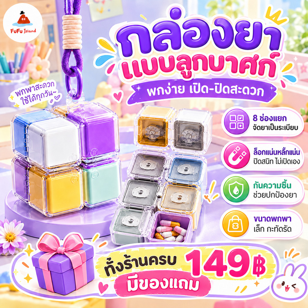 กล่องยาลูกบาศก์รูบิก กล่องใส่ยา ตลับยา 8 ช่อง กันความชื้นและฝุ่นละออง พร้อมสายคล้อง พกพา ความจุขนาดใหญ่