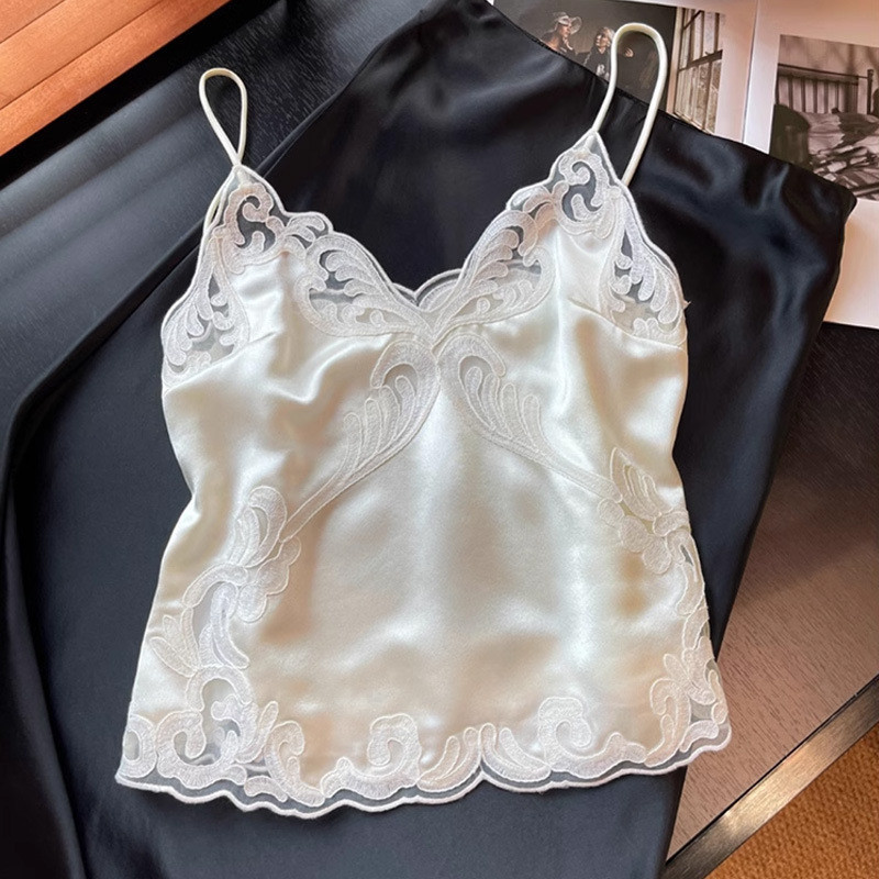 [ks1194.th] ใหม่สไตล์จีนภาษาฝรั่งเศสคํา Chic Top สีขาว v คอลูกไม้ Camisole ผู้หญิงฤดูร้อนสวมใส่ด้านน