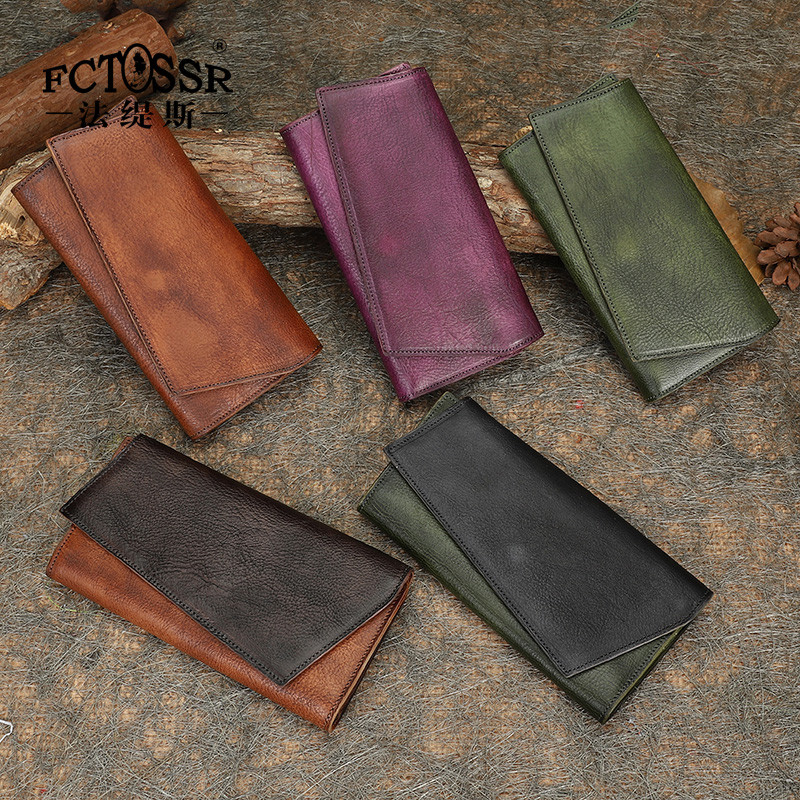 Fatis Retro Casual Clutch Womens First Layer Cowhide Wallet หนังแท้ Tri-fold Long Wallet คลัทช์มัลติ