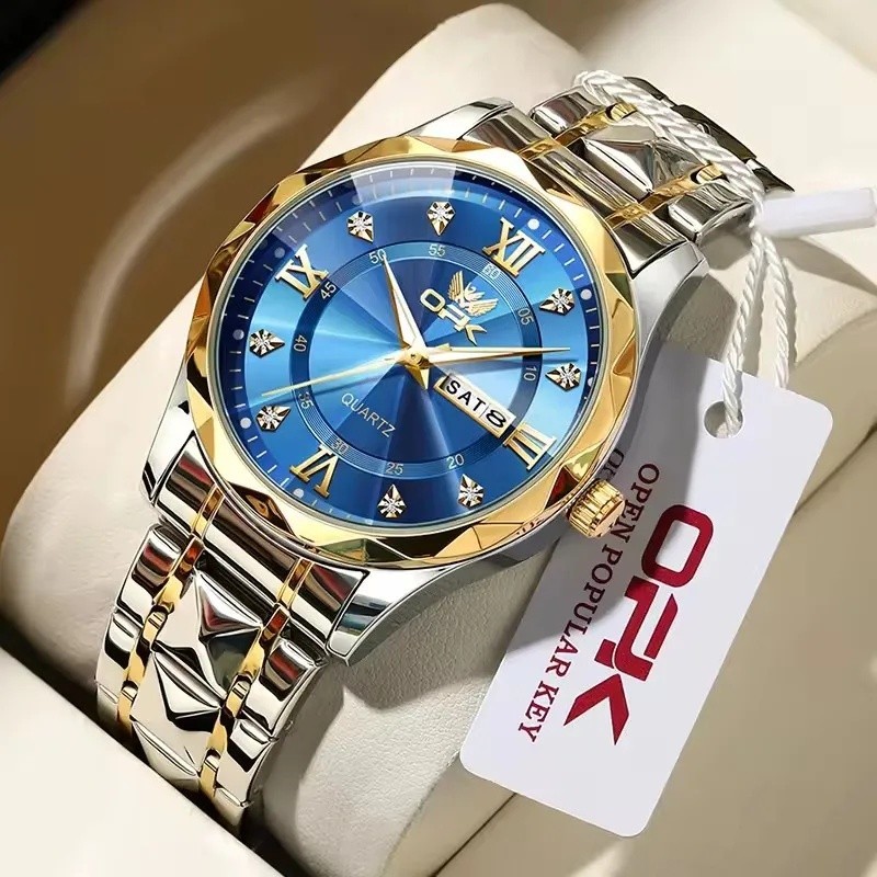 OPK 6023 Men Diamond Classic Business Quartz Watch Dual Calendar Dial Stainless Steel Wate