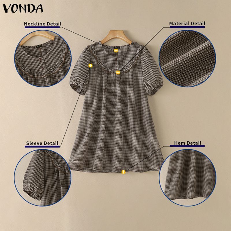 Vonda ผู้หญิงเกาหลี Girlish Comfort Retro ลายสก๊อตทอตกแต่งปุ่มเดียวรอบคอ Peter Pan Collar พัฟแขนสั้น Ruffle หลวมชุดสาย — صورة 7