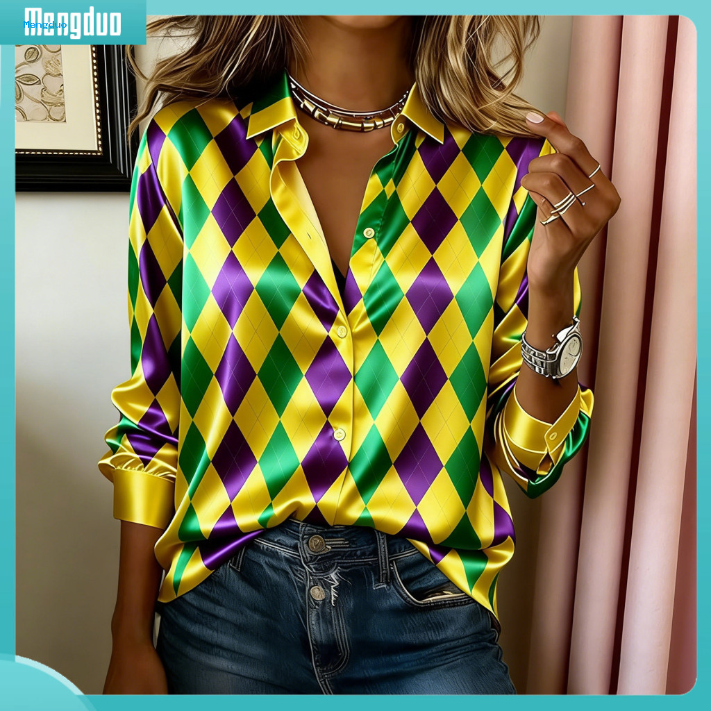 คู่หู| Mardi Gras สวมใส่ผู้หญิง Mardi Gras เสื้อผู้หญิงs Mardi Gras ลายเสื้อแขนยาวปุ่ม Placket หลวม 