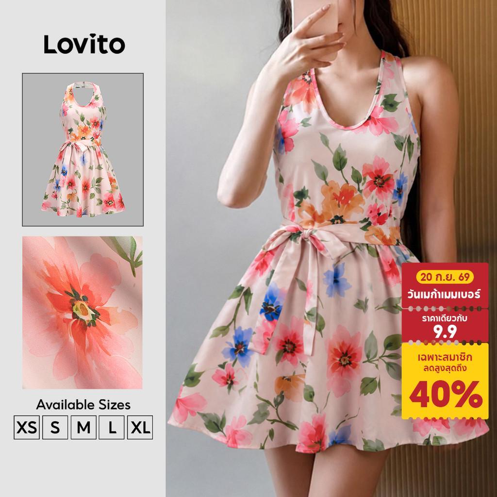 Lovito ชุดเดรสลําลองลายพลีตสําหรับฤดูร้อนผู้หญิง DRK8P1D1035