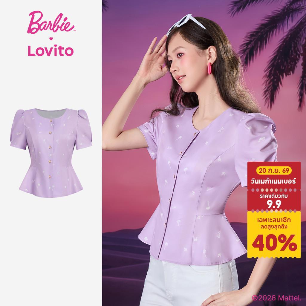 Barbie™ X Lovito เสื้อเชิ้ตสีม่วงผู้หญิง ฤดูใบไม้ผลิ/ร้อน คอวีแขนสั้น กระดุมหน้าและเส้นโครงสร้าง เกาหลี อินเทรนด์ LBL5AD046