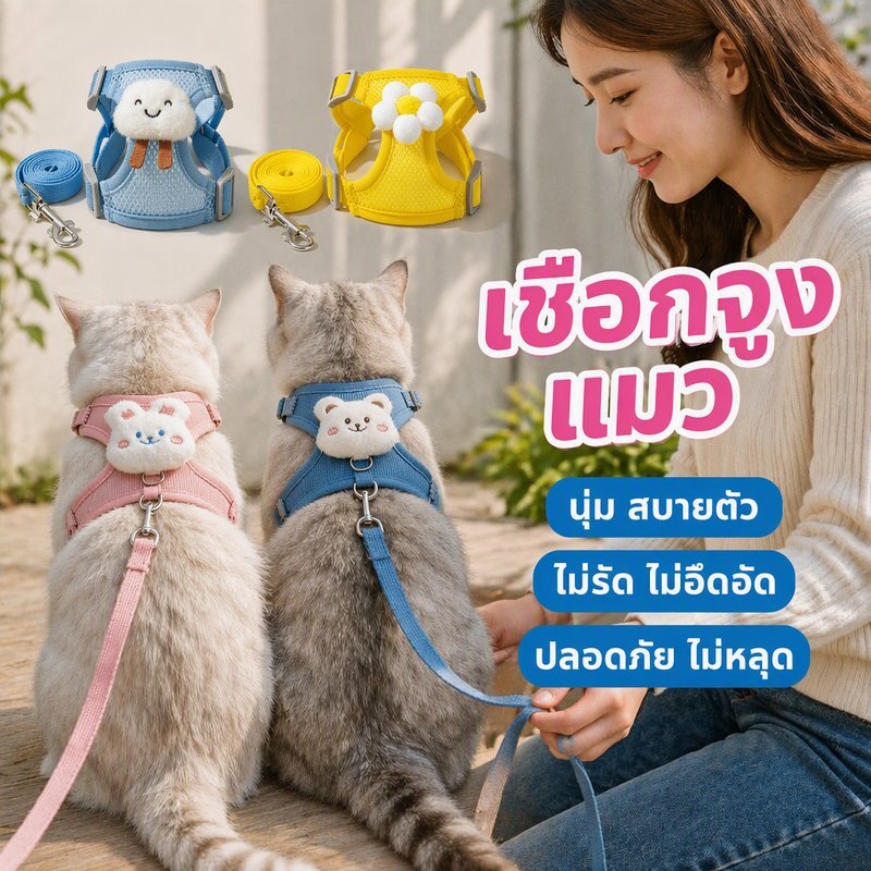 สายจูงแมวพร้อมสายรัดอก กันหลุด ผ้าตาข่าย ระบายอากาศ ปรับได้ สายจูงสัตว์เลี้ยง