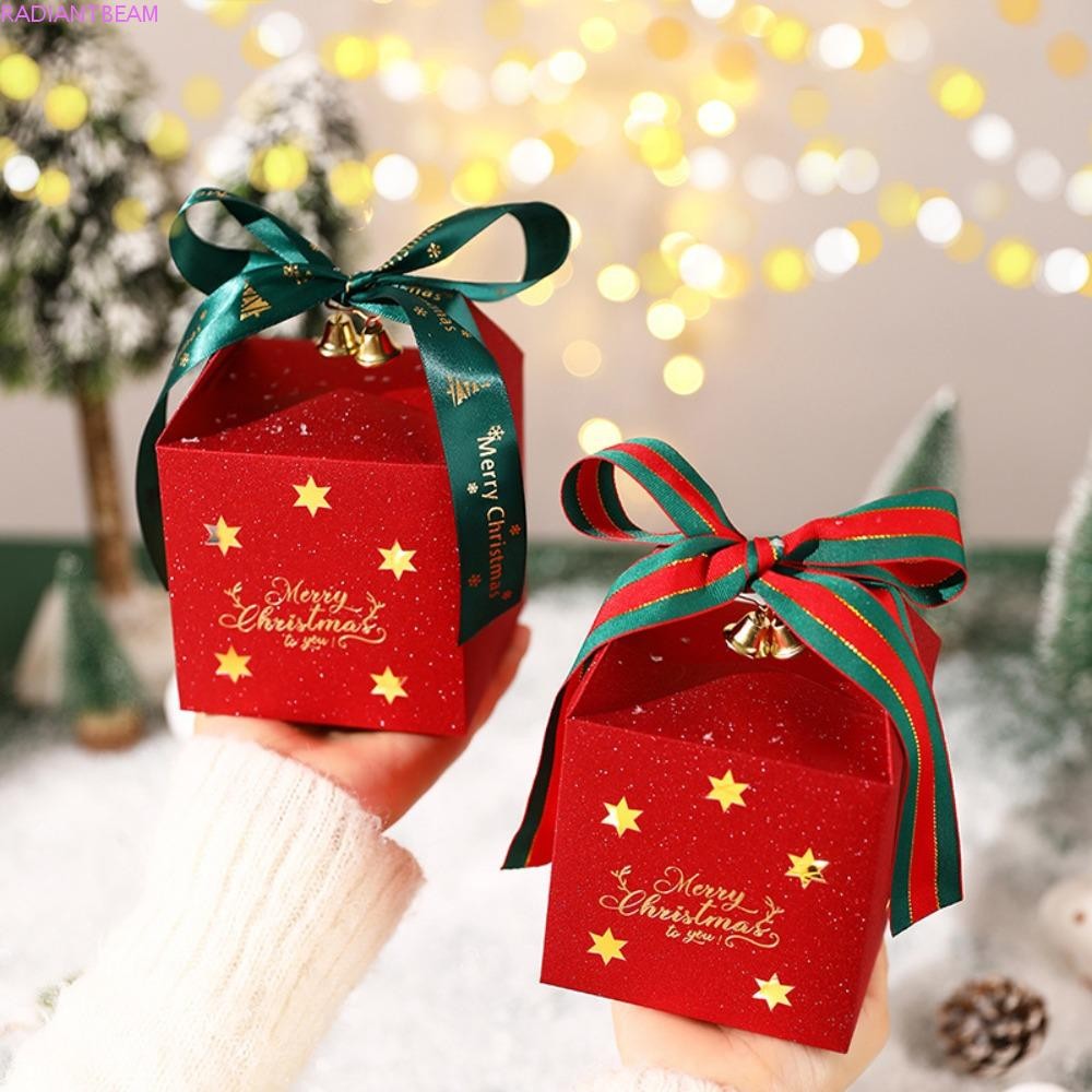 RADIANTBEAM 6PCS Christmas Gift Packing Box, Square with Bell and Ribbon Christmas Candy Box, Party 