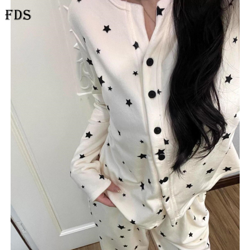 FDS Star เยอรมันชุดนอนกํามะหยี่ผู้หญิงฤดูใบไม้ร่วงฤดูหนาวแขนยาวเสื้อสเวตเตอร์ถัก Warm หนารอบคอ Loung