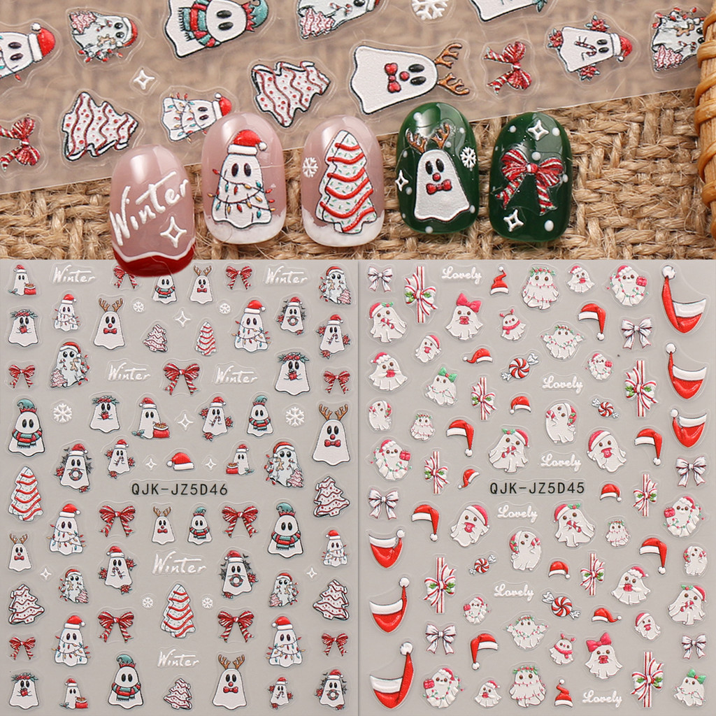 HAMA เล็บนูนสติกเกอร์เล็บขายส่งคริสต์มาสการ์ตูน Santa Claus ต้นคริสต์มาสเกล็ดหิมะเล็บฝรั่งเศสประณีตสติกเกอร์ตกแต่งเล็บ Decals วันหยุดเล็บ