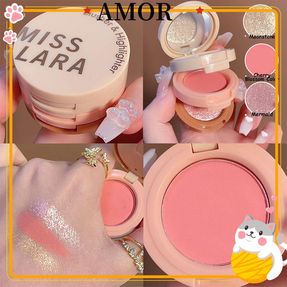 AMOR 3 In 1 Highlighter Blush Palette ติดทนนาน Pearly Blush Shiny Multifunctional เครื่องสําอางหญิง