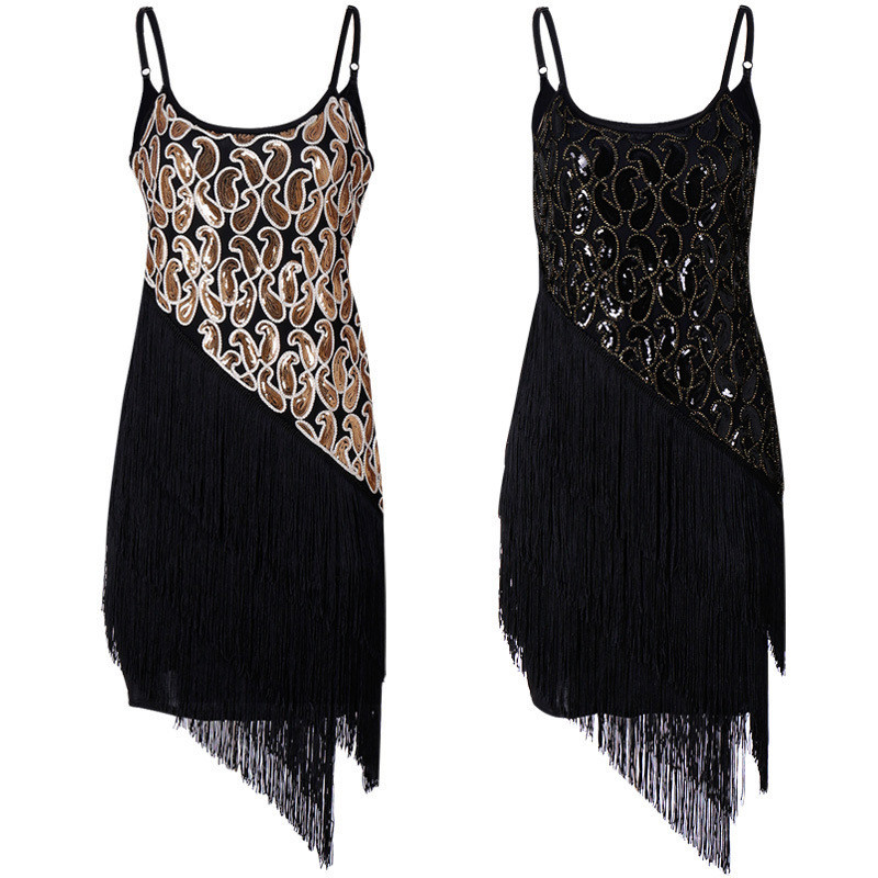 เสื้อผ้าผู้หญิง 1920 Retro Fringed Dress Sequined Prom Sling Dress Short Latin Dance GUU7
