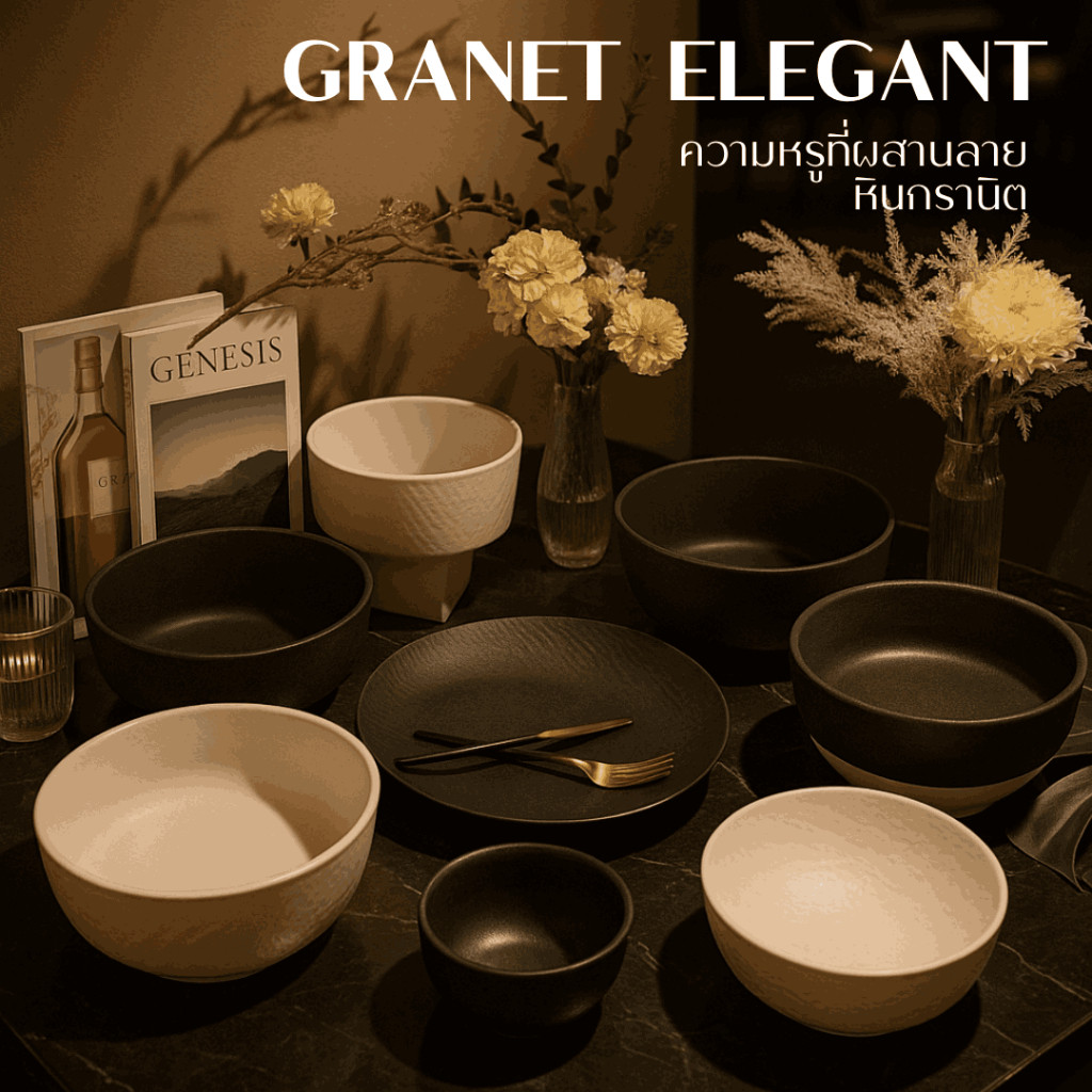 จานชามเซรามิกสีดำ สีขาว พรีเมี่ยม งานluxuly เข้าไมโครเวฟได้ (Set Granet)