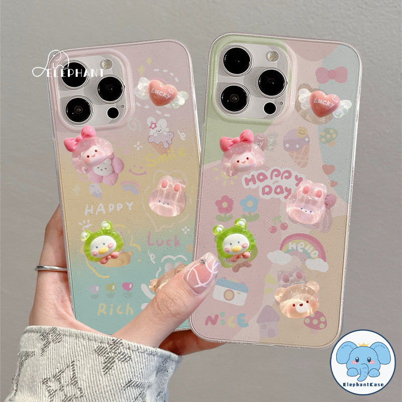 สำหรับ IPhone 13 15 16 17 12 11 14 Pro Max XR X XS 7 8 16 15 14 Plus เคสใสลายหมีกระต่ายสีรุ้งไอศกรีม ผงกลิตเตอร์
