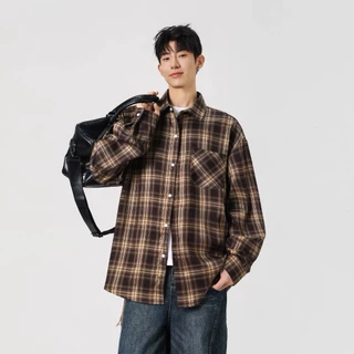 💥BecoolMan💥สไตล์เกาหลี ลายตารางย้อนยุค แขนยาว เสื้อเชิ้ตรุ่นเดียวกันสำหรับผู้ชายและผู้หญิง สีต่อ ลำลอง บ้าน
