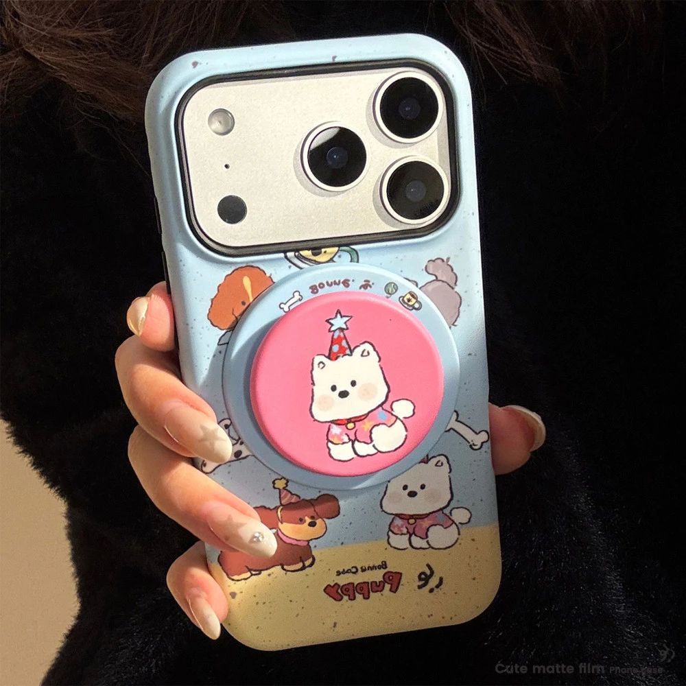 การ์ตูนน่ารักปาร์ตี้ลูกสุนัขภาพประกอบที่วางขาตั้งแม่เหล็กเคสไอโฟนเข้ากันได้สําหรับ ไอโฟน 17 มือโปร สูงสุด 17 มือโปร 17 อากาศ 17 16 15 14 13 12 11 ต่อต้าน หยดฮาร์ดพีซีเคลือบฝาหลั
