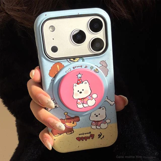 การ์ตูนน่ารักปาร์ตี้ลูกสุนัขภาพประกอบที่วางขาตั้งแม่เหล็กเคสไอโฟนเข้ากันได้สําหรับ ไอโฟน 17 มือโปร สูงสุด 17 มือโปร 17 อากาศ 17 16 15 14 13 12 11 ต่อต้าน หยดฮาร์ดพีซีเคลือบฝาหลั