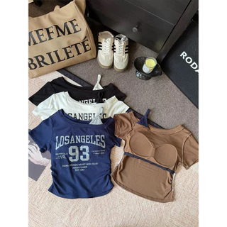 Nemo store🌸#FY722 เสื้อแขนสั้นเปิดไหล่ ดีเทลสกีนตัวหนังสืดเท่ๆ เสริมฟองน้ำ