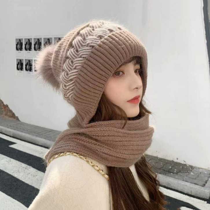 หมวกไหมพรมกันหนาวมีปอม+ผ้าพันคอ เซ็ตแฟชั่นผู้หญิง น่ารัก อุ่นนุ่ม ใส่เที่ยวหิมะ ฤดูหนาวเกาหลี earmuff กันหนาว - รูปที่ 7