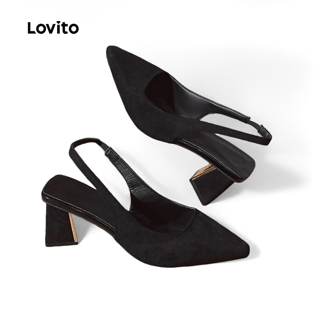 Lovito สง่างามสีพื้นรองเท้าสไตล์ฝรั่งเศส ย้อนยุคแหลม Block ส้น กลับ Empty Strap เรียบง่ายเรียบง่ายการเดินทางส้นs สําหรับผู้หญิง LFA76344