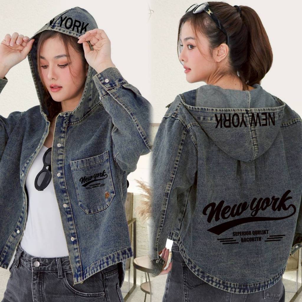 แจ็คเก็ตยีนส์แขนยาวทรงฮู้ด แต่งลายNEWYORK กระดุมมุก สไตล์เกาหลี หน้าสั้นหลังยาว รุ่น100 – โปรปัง