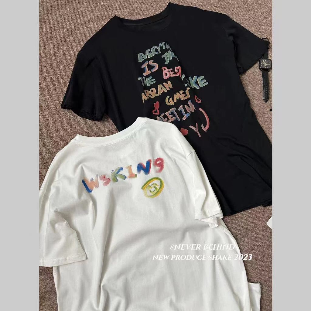 Non-Retractable Non-Exchange 5.18 Design Simple Colourful Letters Short-Sleeved T