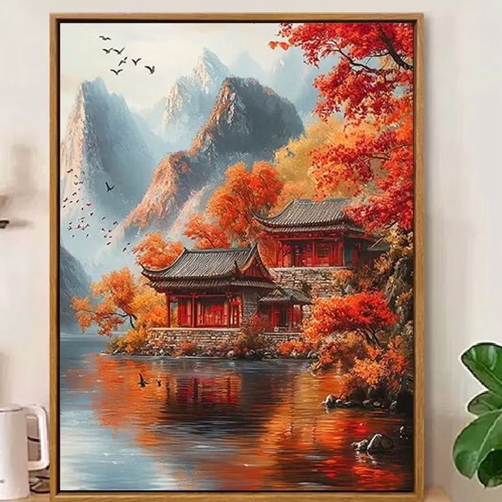 【80x60cm-11CT】ปักครอสติส 2025 ใหม่สไตล์ฤดูใบไม้ร่วงสไตล์ เสี่ยวเซ่ ใบเมเปิ้ลสีแดงภูมิทัศน์เย็บปักถักร้อยมือ