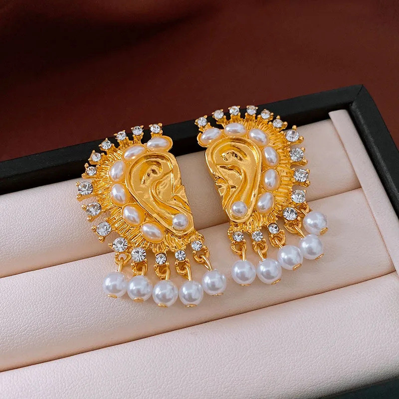 NISHIZAWA Diamond Pearl Tassel Earrings Medieval Vintage Exaggerated Earrings Retro Earrings for Wom