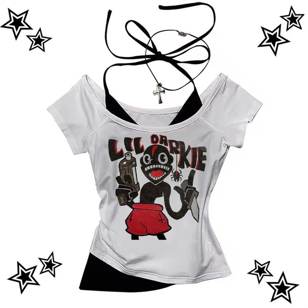 Lil Darkie top tees วัยรุ่น harajuku Grunge Pop วัฒนธรรมอะนิเมะที่มีสีสัน top tees Grunge กราฟิก Bre