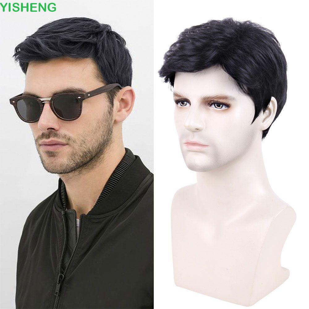 YISHENG ผู้ชายวิกผมสีดําแฟชั่นทรงผมตัดผมสังเคราะห์ผมเป็นชั้นผมปลอม
