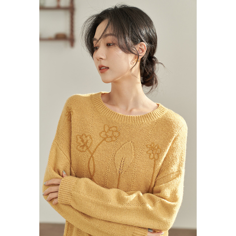 [Inman O'Reilly] เสื้อแขนยาวสวมหัวสำหรับผู้หญิง ฤดูใบไม้ร่วง แบบคอวี Jacquard ทุกลวดลายเข้าได้หมด