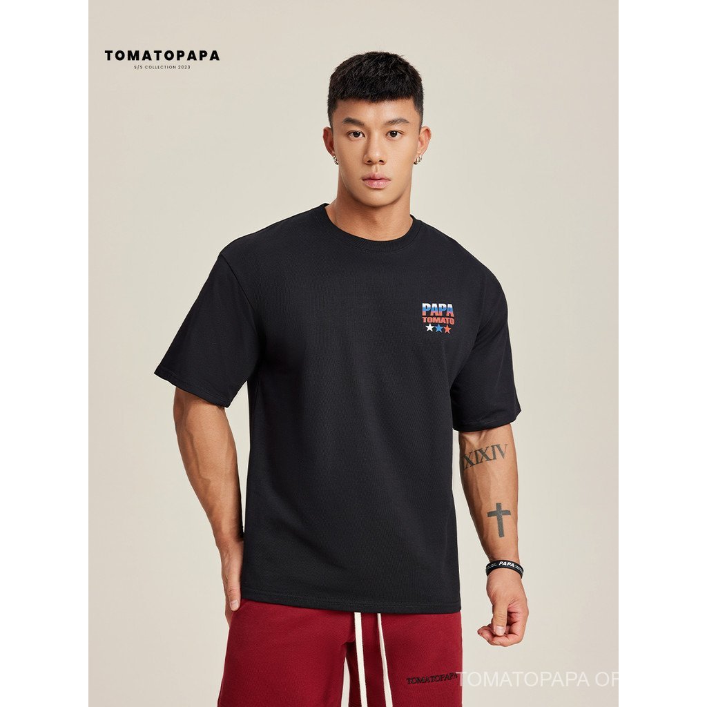 เสื้อยืดคอกลมแขนสั้นผู้ชาย TOMATOPAPA สไตล์อินเทรนด์ พิมพ์ครึ่งแขน ทรงคลาย oversized — صورة 4