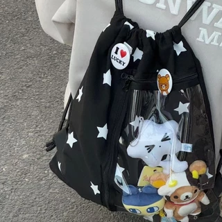 COD กระเป๋าสะพายคู่ Drawstring (ไม่รวมตุ๊กตา) ความจุขนาดใหญ่ พิมพ์ดาว กระเป๋าเป้สะพายหลัง Drawstring