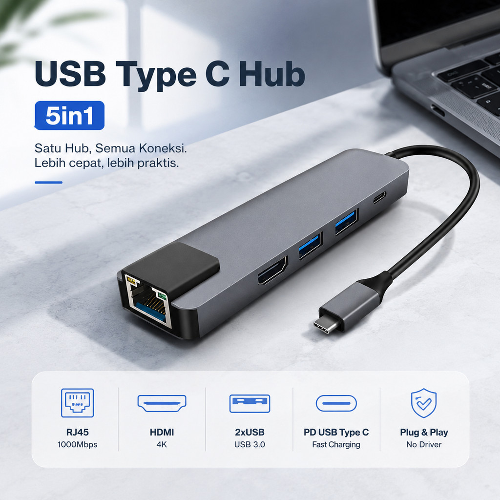 EDUP USB Type C Hub 5in1 LAN HDTV ผ่านการชาร์จ - YC-206