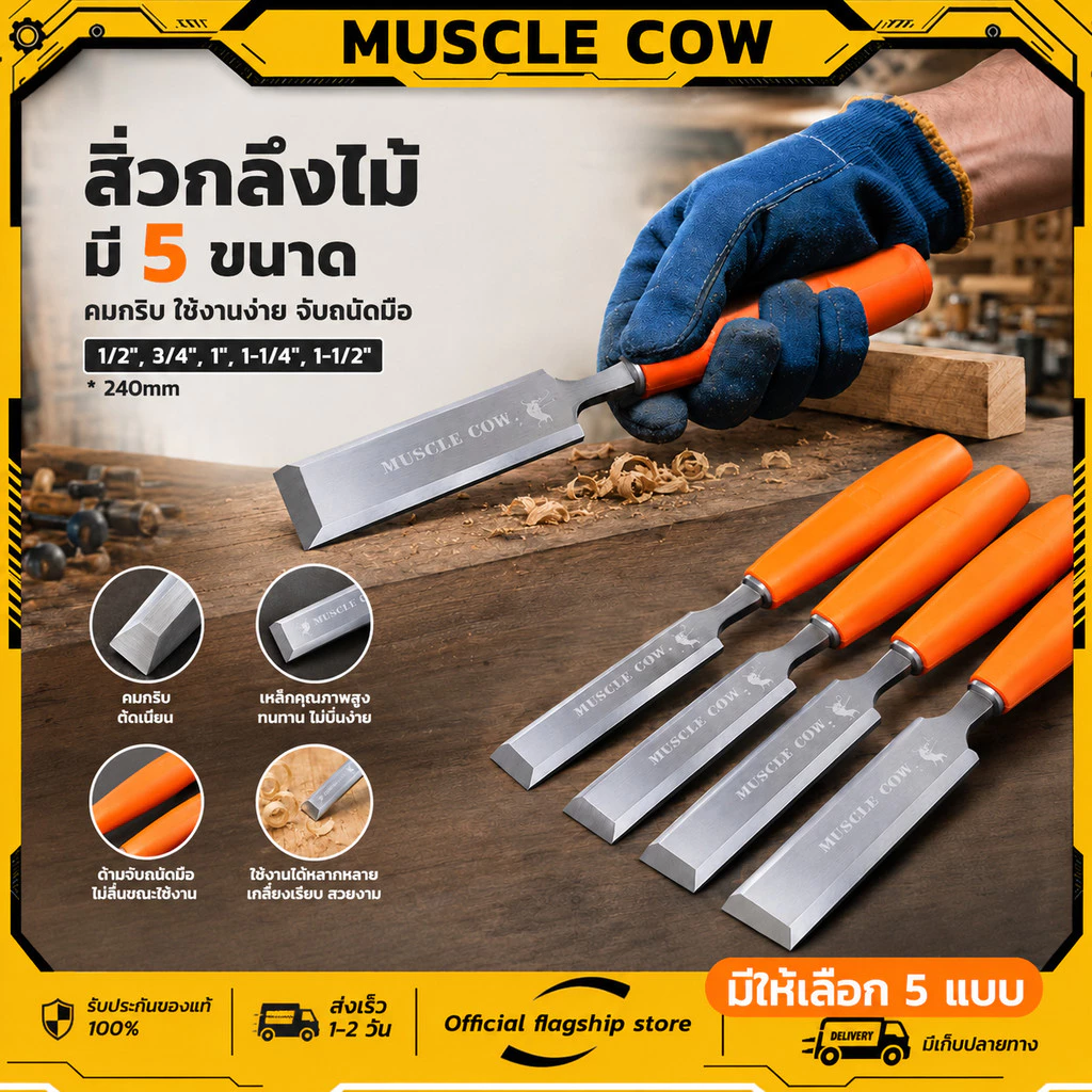 MUSCLE COW ไฟเบอร์ จับถนัดมือ ด้ามไม่ลื่น สิ่วแกะสลักไม้ ขนาดต่างๆ สิ่วงานไม้ สิ่วงานไม้