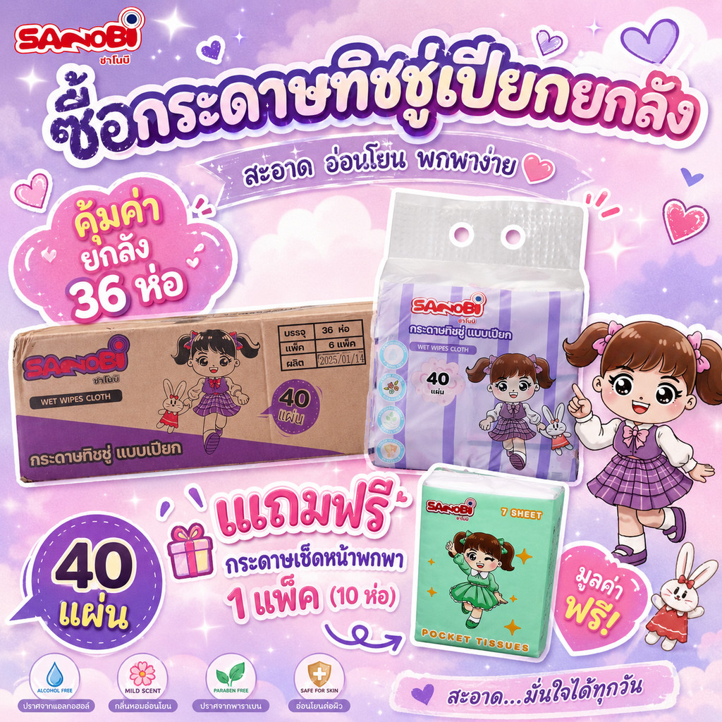 กระดาษทิชชู่เปียกฝาล็อค ผ้าเปียก ผ้าเช็ดทำความสะอาดแบบเปียก สูตรอ่อนโยน ซาโนบิ 40 แผ่น (ยกลังx36)