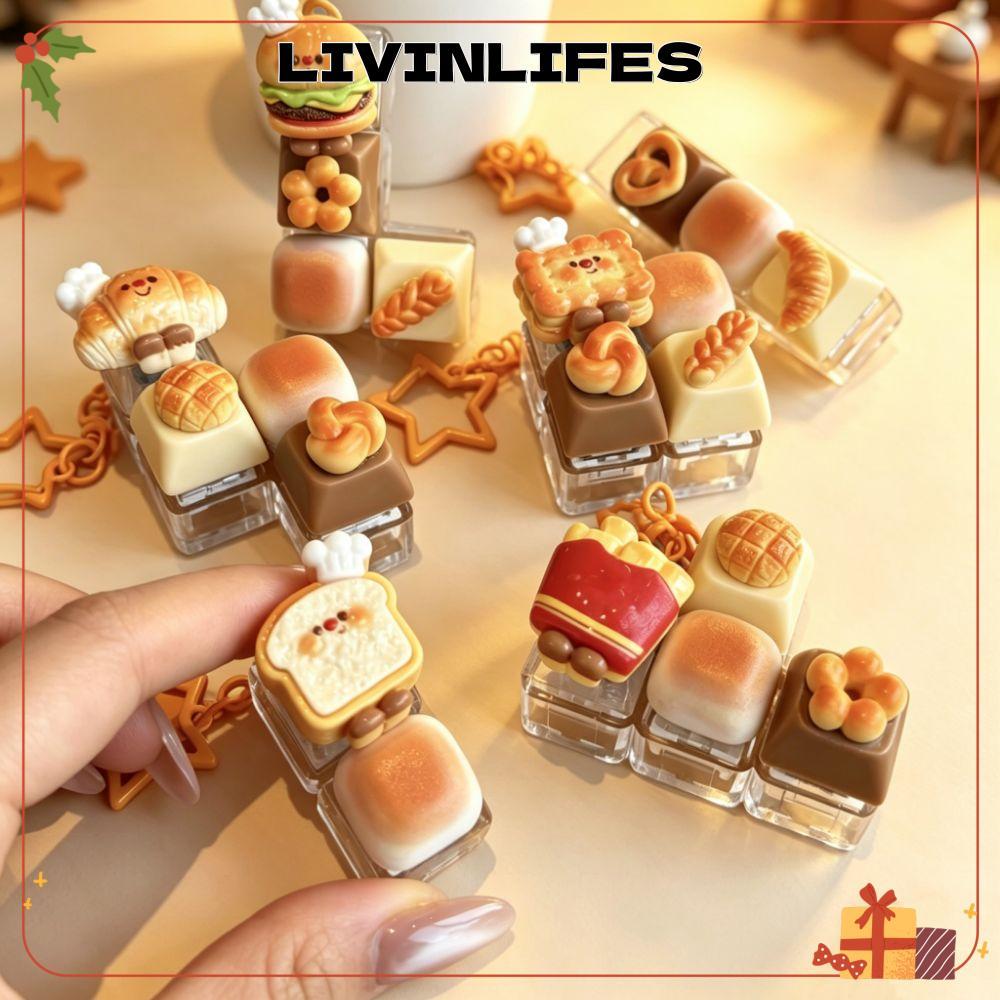 ILIVINLIFE คีย์บอร์ดพวงกุญแจจี้,เรซิ่นการ์ตูนขนมปัง Keycap Fidget พวงกุญแจ, ของเล่นอาหารตลก Hanbarge