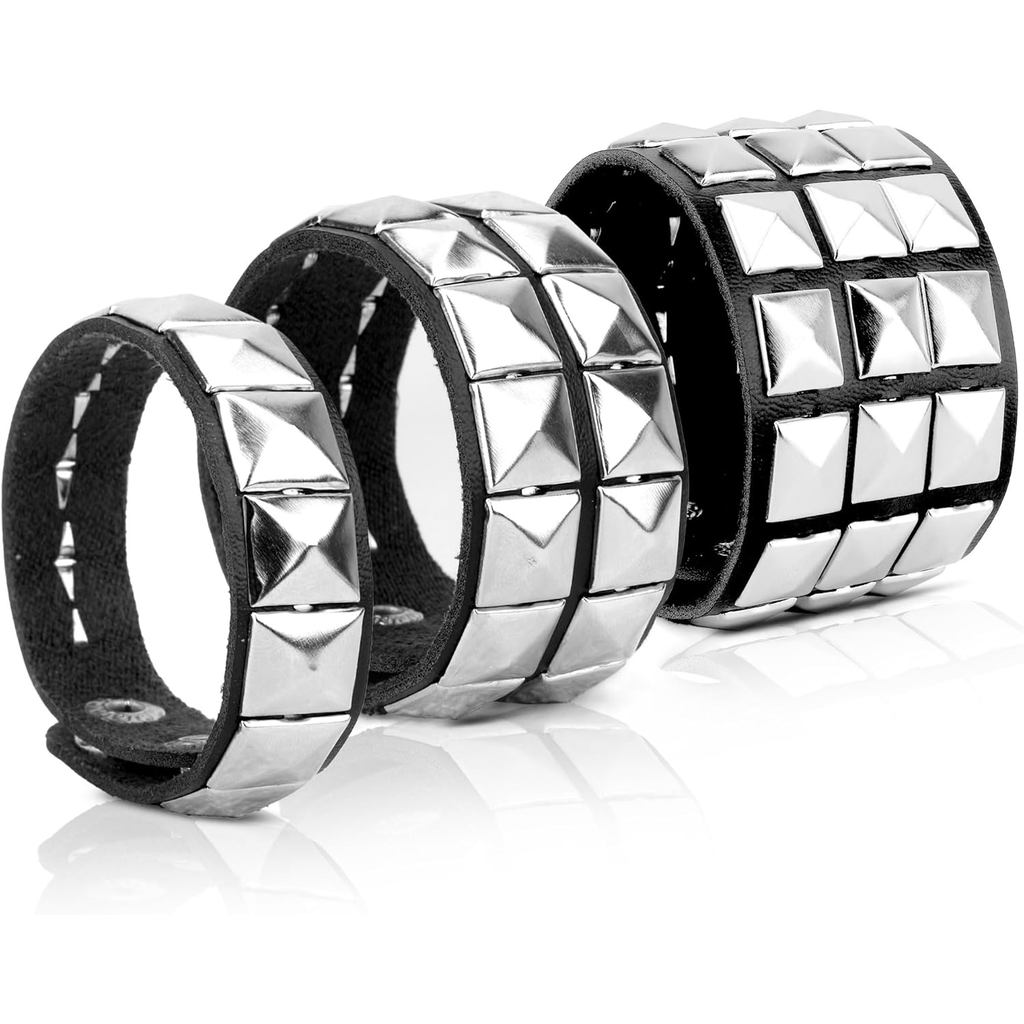 3 ชิ้น Studded สร้อยข้อมือหนังสําหรับผู้ชายและผู้หญิง - Punk, Gothic & Grunge Accessories - 3 แพ็ค