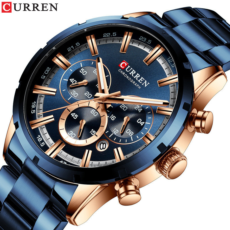 CURREN CURREN 8355 ปฏิทินหกมือ สายเหล็ก นาฬิกาธุรกิจ นาฬิกาผู้ชาย