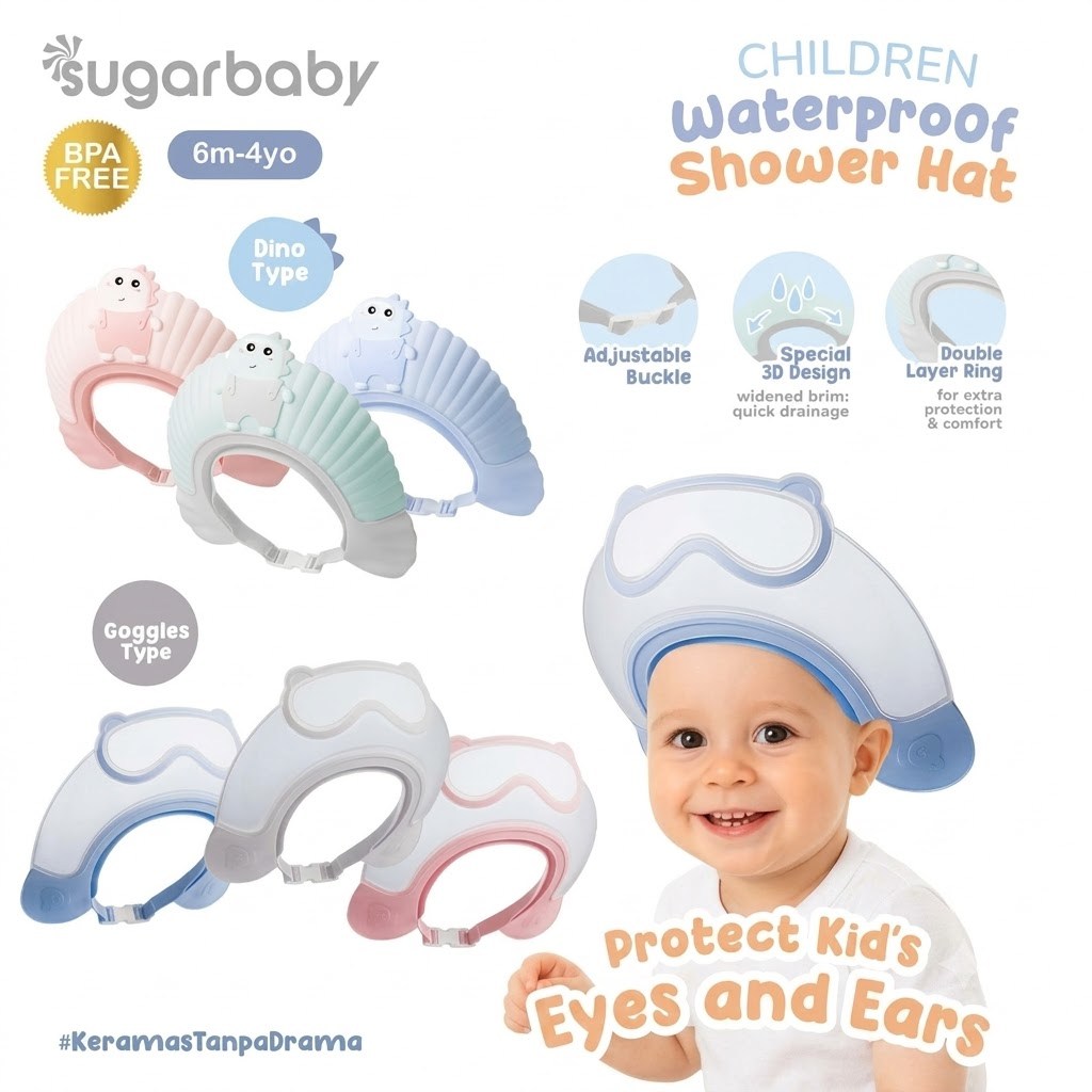 Sugarbaby Children Waterproof Shower Hat/Shower Cap Baby/Baby Shampoo Cap/Bath Cap - SHDINO SHGGL
