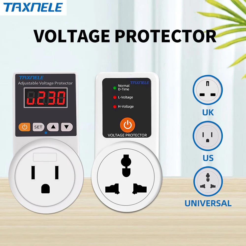 AC 220V 16A เครื่องปรับแรงดันไฟฟ้าอัตโนมัติแบบปรับได้เครื่องป้องกันไฟกระชาก EU UK ปลั๊กซ็อกเก็ตแรงดันไฟฟ้าตู้เย็นป้องกัน