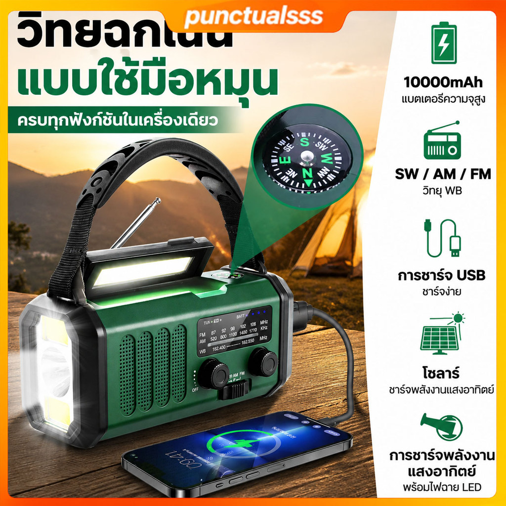 วิทยุฉุกเฉิน วิทยุโซล่าเซลล์ มือหมุน พาวเวอร์แบงค์ 10000mAh ไฟฉาย LED AM/FM/NOAA อุปกรณ์เดินป่า ตั้งแคมป์