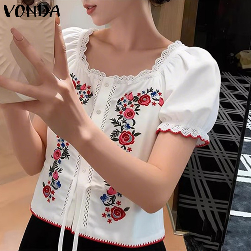 VONDA ผู้หญิงเกาหลีโรแมนติกวันหยุดสไตล์สแควร์คอพัฟแขน Tie-Up ดอกไม้พิมพ์เสื้อหวาน — صورة 6