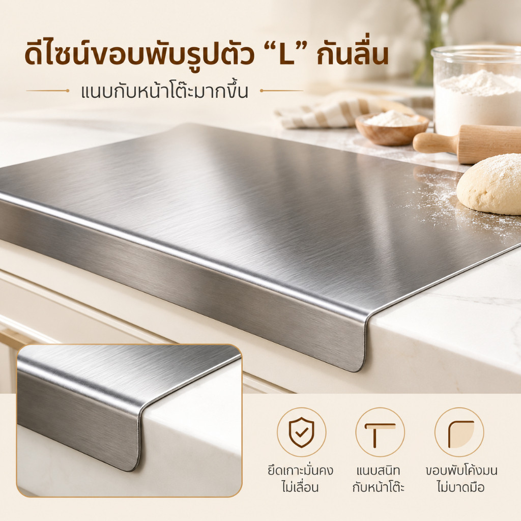 เขียงสแตนเลส 304 เกรดอาหาร เขียงหั่นผัก หั่นเนื้อ แผ่นรองนวดแป้ง บอร์ดอบขนม ป้องกันเชื้อรา ไม่สะสมเศษอาหาร มีหลายขนาด