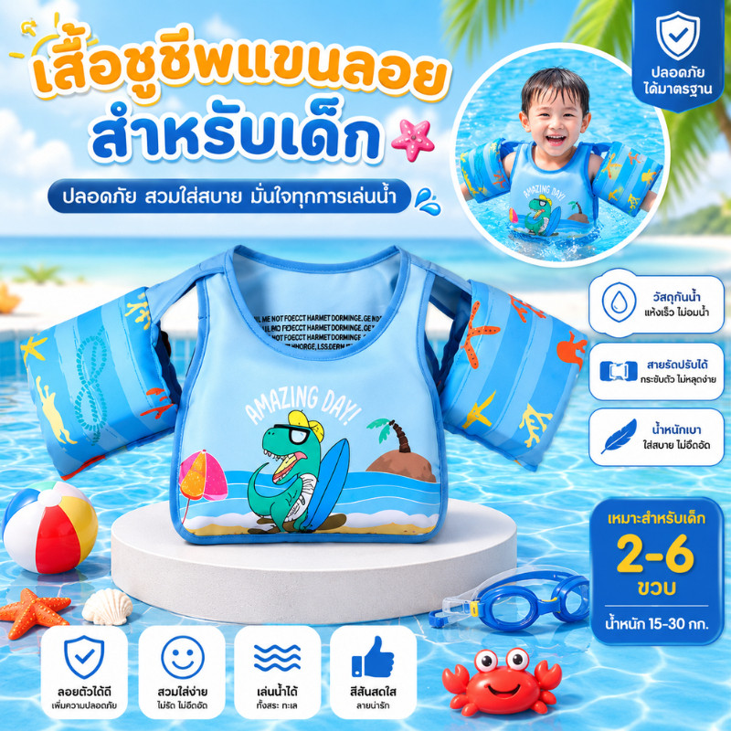 CF.HOME คุณภาพสูง เสื้อชูชีพเด็ก ปลอกแขนว่ายน้ำ โฟมพยุงตัวเด็กแบบเสื้อ ลายน่ารัก