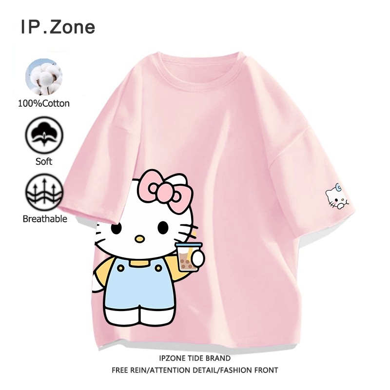 เสื้อ  Sanrio Kitty cotton เสื้อเชิ้ตผู้หญิง เสื้อเชิ้ตแขนสั้น ผ้านุ่มใส่สบาย พิมพ์แมวน่ารัก (ส่งเร็ว จัดส่งจากไทย)
