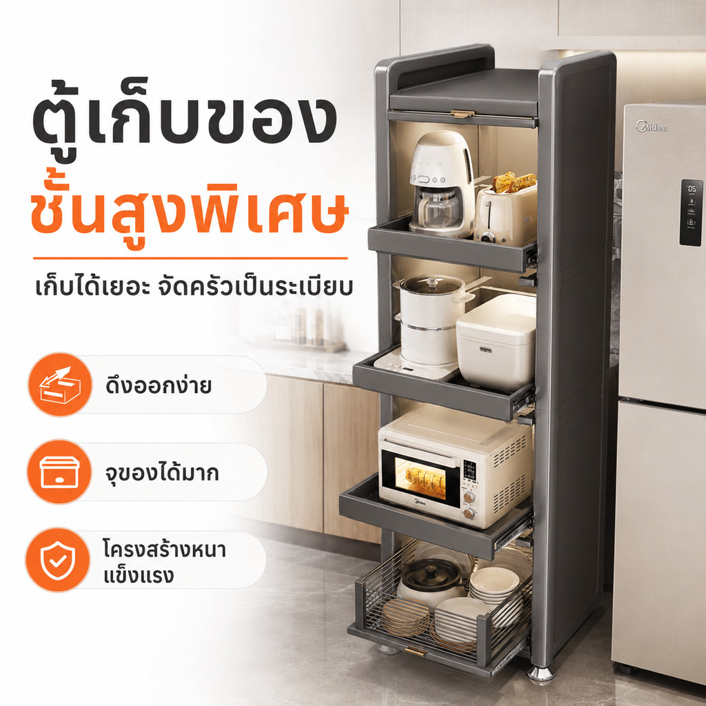 ชั้นเก็บของเข้าซอกในครัว แบบมีล้อและชั้นดึงออก ตู้ทรงสูงสำหรับไมโครเวฟ ชั้นวางของ ชั่นวางของอเนกประสงค์ ตู้เก็บของในครัว
