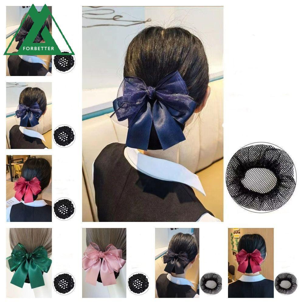 FORBETTER ขนมปังเกาหลี Snood, สไตล์เกาหลีผ้า Bowknot ผม Bun, Vintage Bow ผู้หญิงฤดูใบไม้ผลิคลิป Hairgrips ฝาครอบสุทธิแอร์โฮสเตส