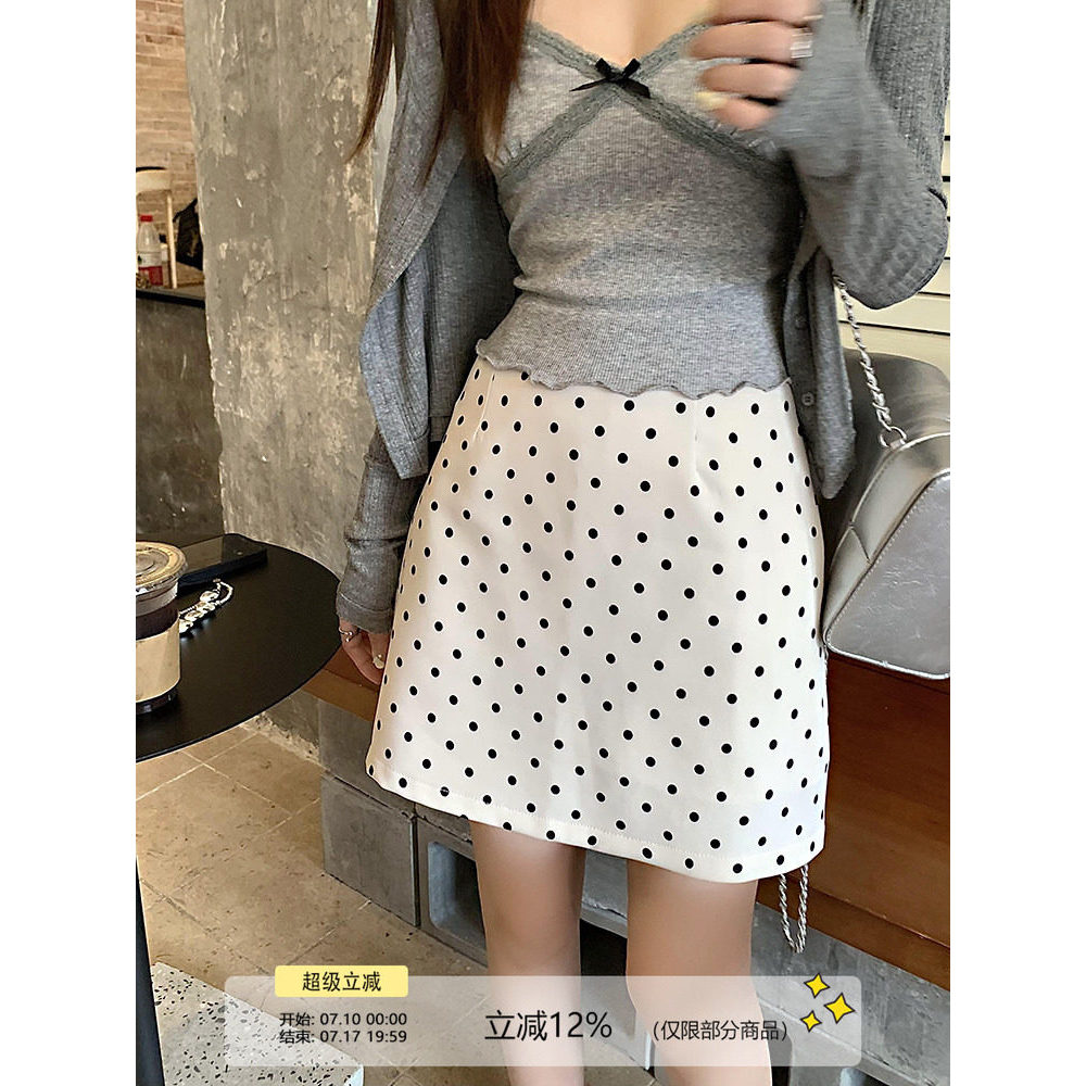Wu 77 สาว Polka Dot กระโปรงสีดําหญิง Commuter All-Match เอวสูง Slimmer ดูขนาดเล็ก a-Line ชุดกระโปรงส